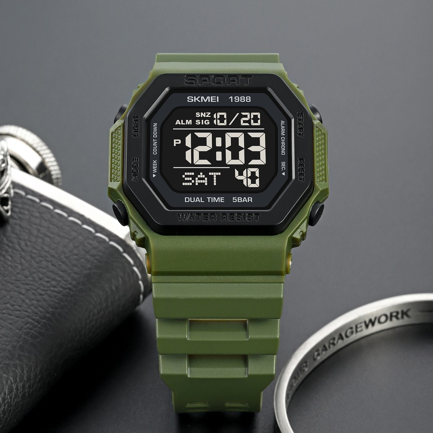 SKMEI Relojes deportivos digitales con luz trasera de moda para hombres, cronógrafo de cuenta atrás militar, resistente al agua 5Bar, reloj despertador.
