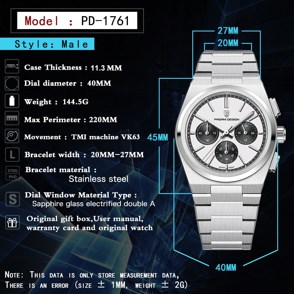 Reloj PAGANI DESIGN de acero inoxidable para hombre. Nuevo accesorio resistente al agua con movimiento de cuarzo y zafiro. Diseño deportivo clásico con estilo