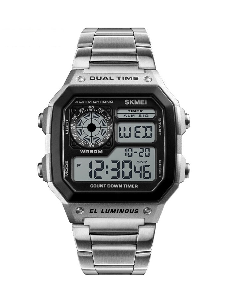 SKMEI ¡Los "Relojes Deportivos SKMEI de Lujo Superior" con correa de acero inoxidable! Resistente al agua 5Bar, luz de fondo y funciones de cuenta regresiva y alarma. ¡Un reloj digital para hombres con estilo y funcionalidad! ⌚💦🔥