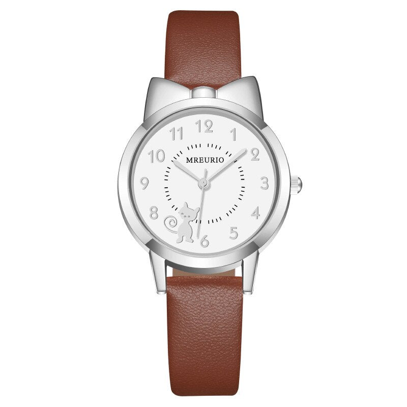 Reloj de cuarzo con correa de cuero para niños, pulsera Digital con lazo de gato bonito.