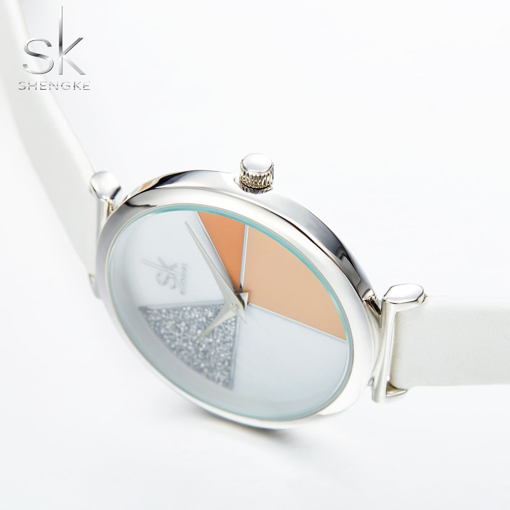 Shengke Reloj para Mujer con Esfera en Forma de Concha, Correa de Cuero, Movimiento de Cuarzo Japonés, Diseño Ultra Delgado, Hebilla, Reloj de Mujer Montre Femme.