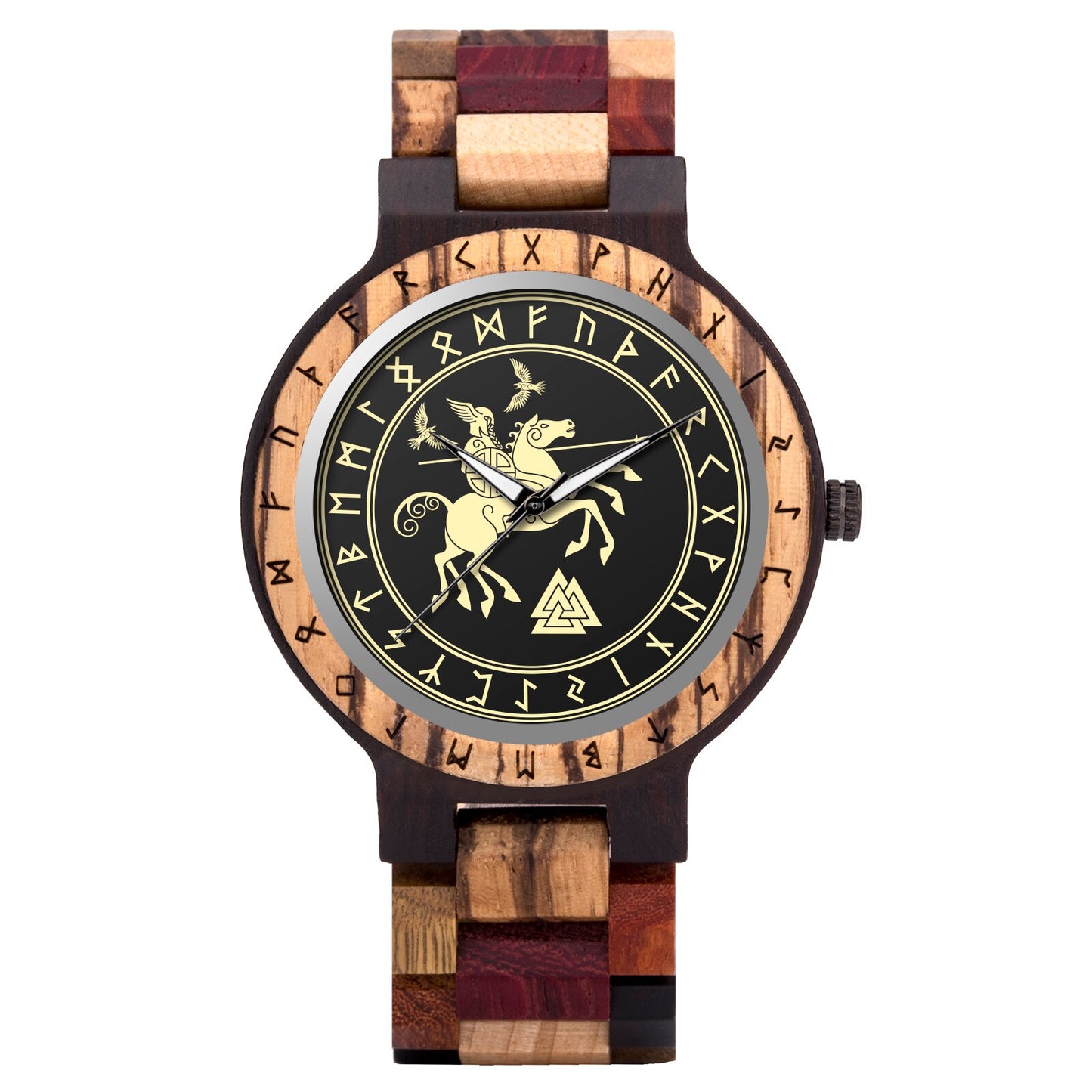 BOBO BIRD- COLECCION RUNA NORDICA  Reloj de pulsera de madera para hombre, cronógrafo de cuarzo con círculo rúnico, timón dorado, Vegvisir, a la moda, gran caja de regalo