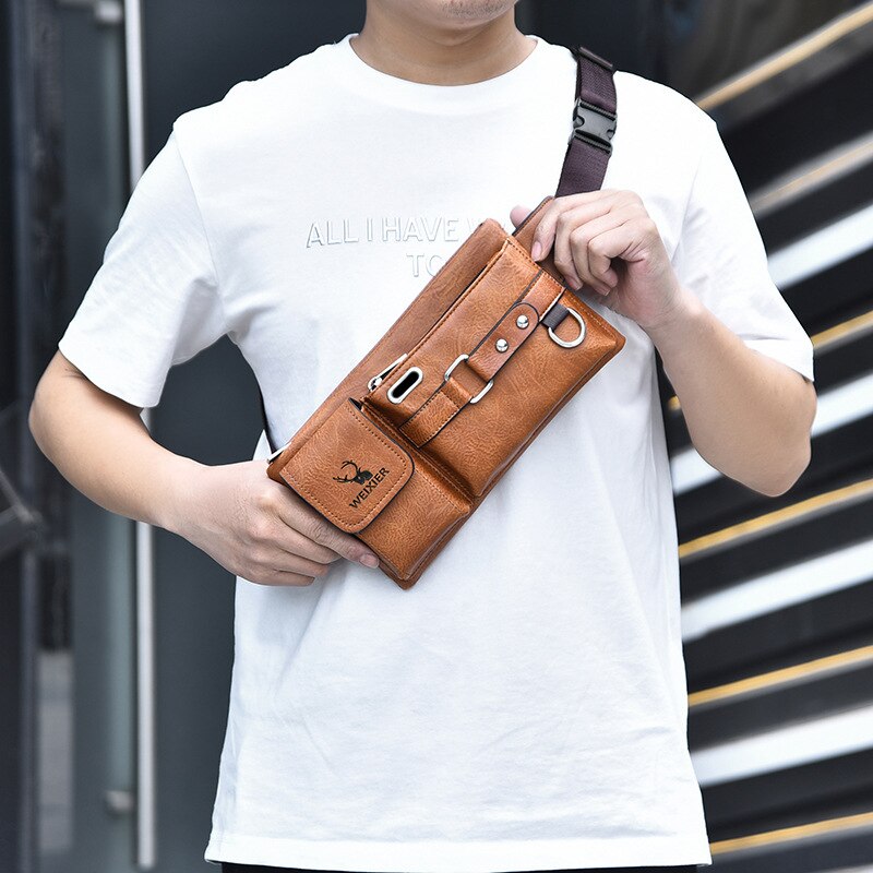 WEIXIER Bolsa de cintura para hombre, de cuero PU, nuevo bolso masculino para el hombro y pecho, ideal para teléfono y viajes, bolsa de cinturón para hombre 🎒📱✈️