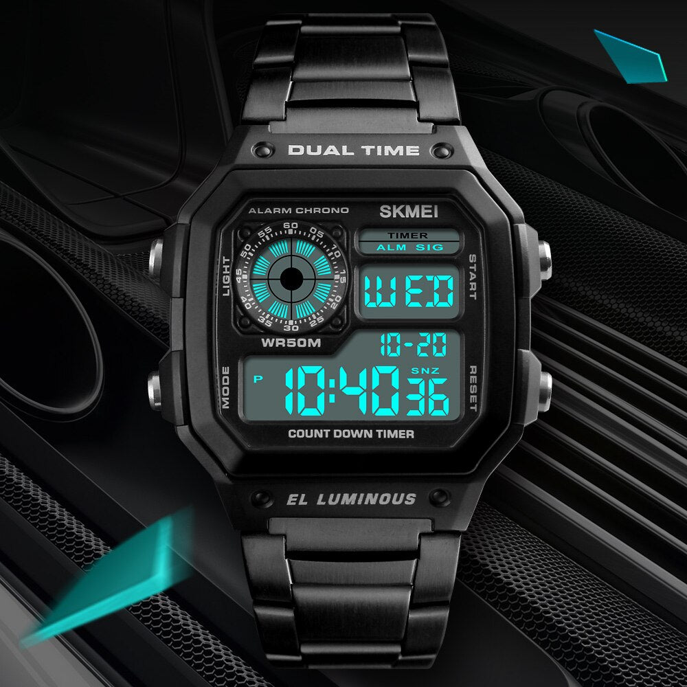 SKMEI ¡Los "Relojes Deportivos SKMEI de Lujo Superior" con correa de acero inoxidable! Resistente al agua 5Bar, luz de fondo y funciones de cuenta regresiva y alarma. ¡Un reloj digital para hombres con estilo y funcionalidad! ⌚💦🔥