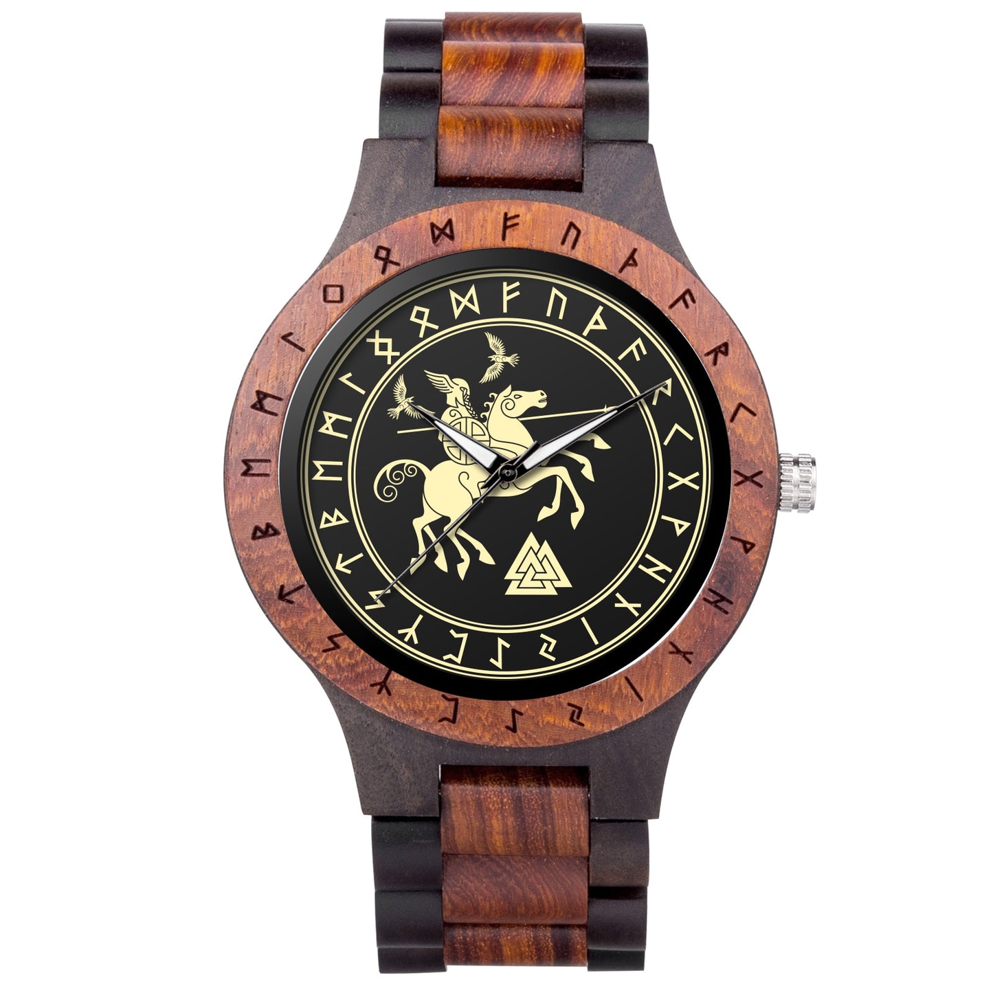 BOBO BIRD- COLECCION RUNA NORDICA  Reloj de pulsera de madera para hombre, cronógrafo de cuarzo con círculo rúnico, timón dorado, Vegvisir, a la moda, gran caja de regalo