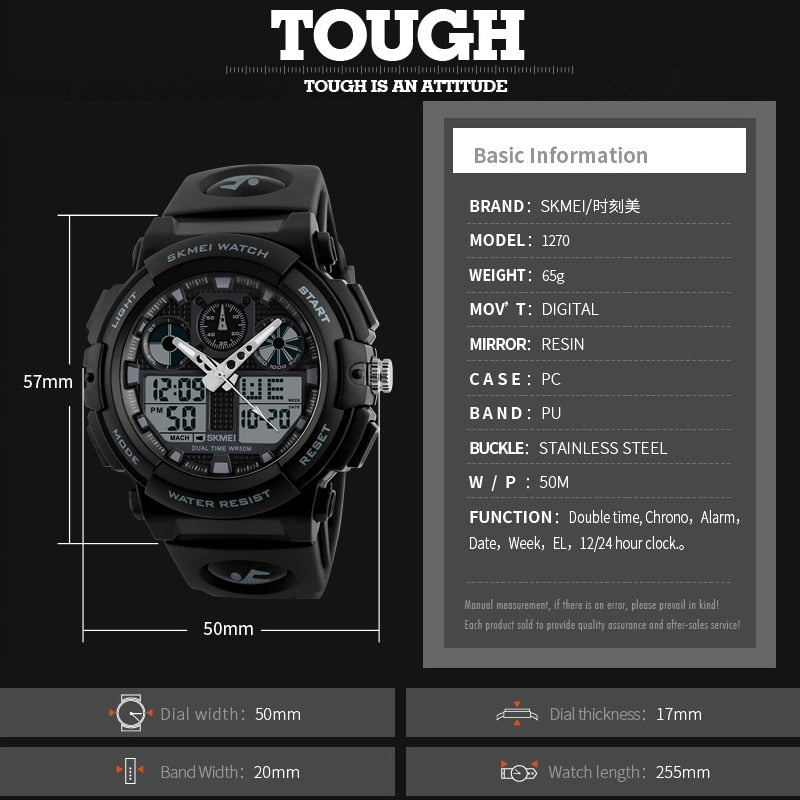 SKMEI  Reloj digital con doble hora, cronógrafo, resistente al agua 50M y display de semana. ¡Un reloj de pulsera masculino y funcional! ⌚🏊‍♂️🔥