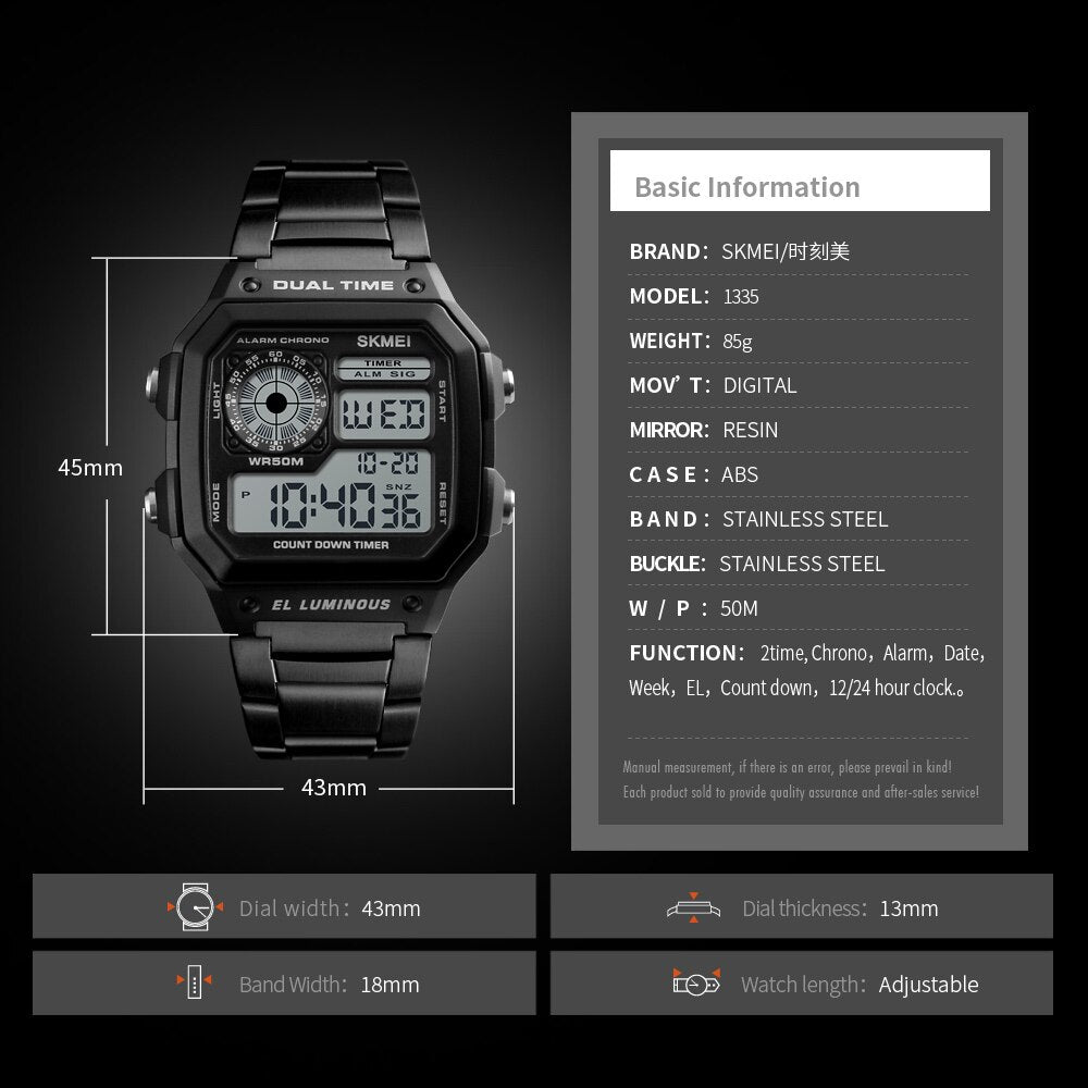 SKMEI ¡Los "Relojes Deportivos SKMEI de Lujo Superior" con correa de acero inoxidable! Resistente al agua 5Bar, luz de fondo y funciones de cuenta regresiva y alarma. ¡Un reloj digital para hombres con estilo y funcionalidad! ⌚💦🔥