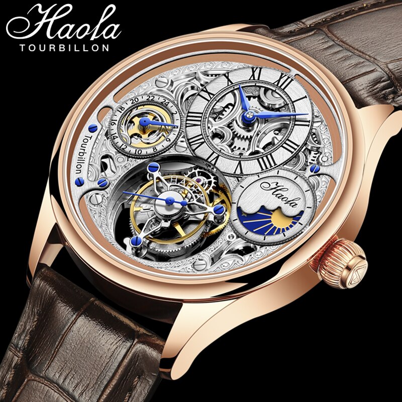 HAOFA-reloj mecánico con movimiento Tourbillon para hombre, cronógrafo con esqueleto Manual, zafiro, GMT Moonphase,