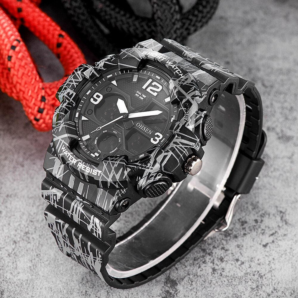 Reloj Digital de cuarzo para hombre crongrafo analgico de silicona resistente al agua de camuflaje color negro -