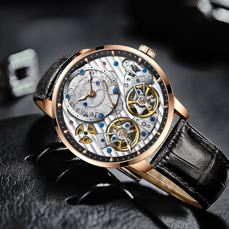 JINLERY Reloj de pulsera automtico para hombre crongrafo mecnico de lujo con doble volante a la moda MasculinoRelojes mecnicos -