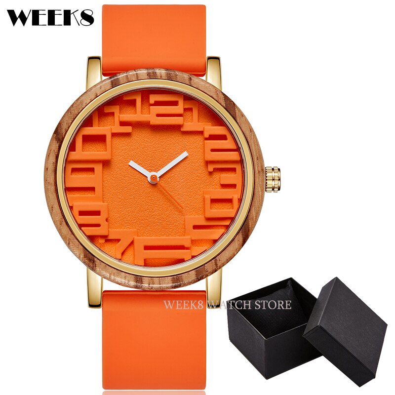 Reloj de madera de bambú para hombre y mujer, pulsera con números, banda de silicona, diseño Simple