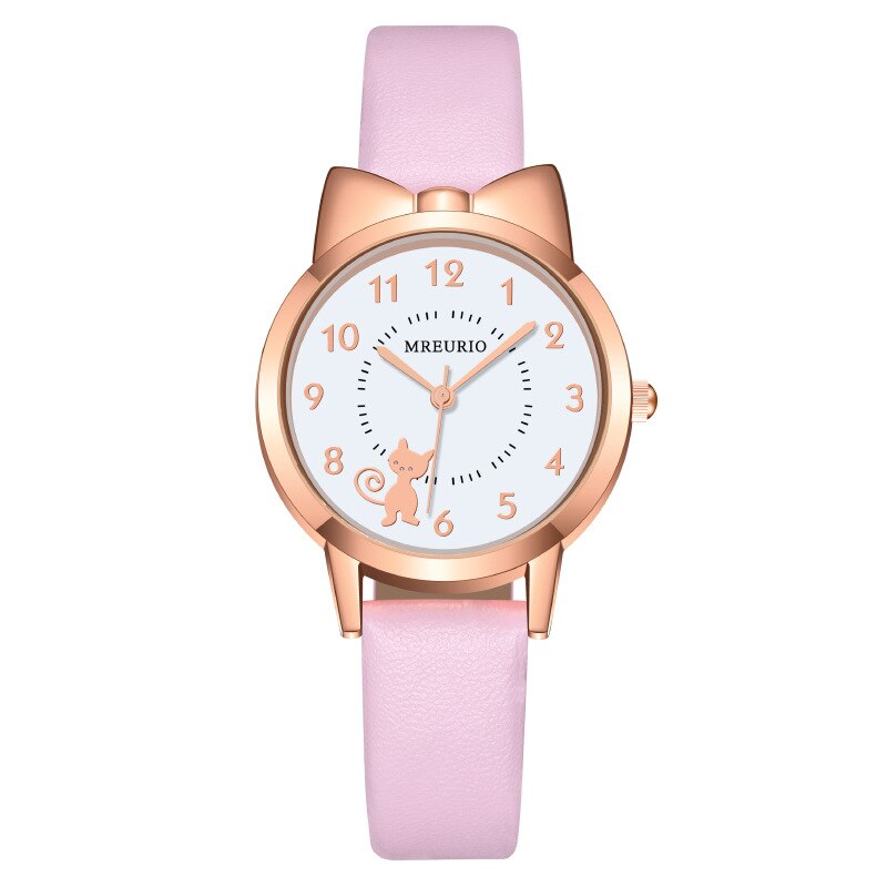 Reloj de cuarzo con correa de cuero para niños, pulsera Digital con lazo de gato bonito.