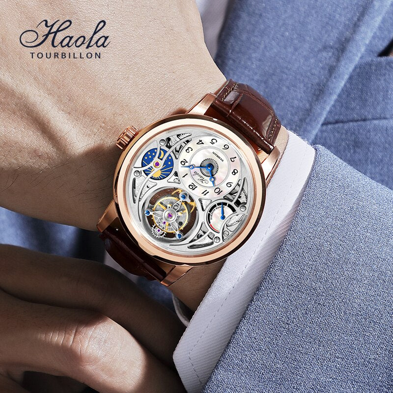 Haofa-Reloj de Tourbillon para hombre, reloj hueco de fase lunar, Manual de zafiro, resistente al agua, 60H, reserva de energía, movimiento mecánico, 1939
