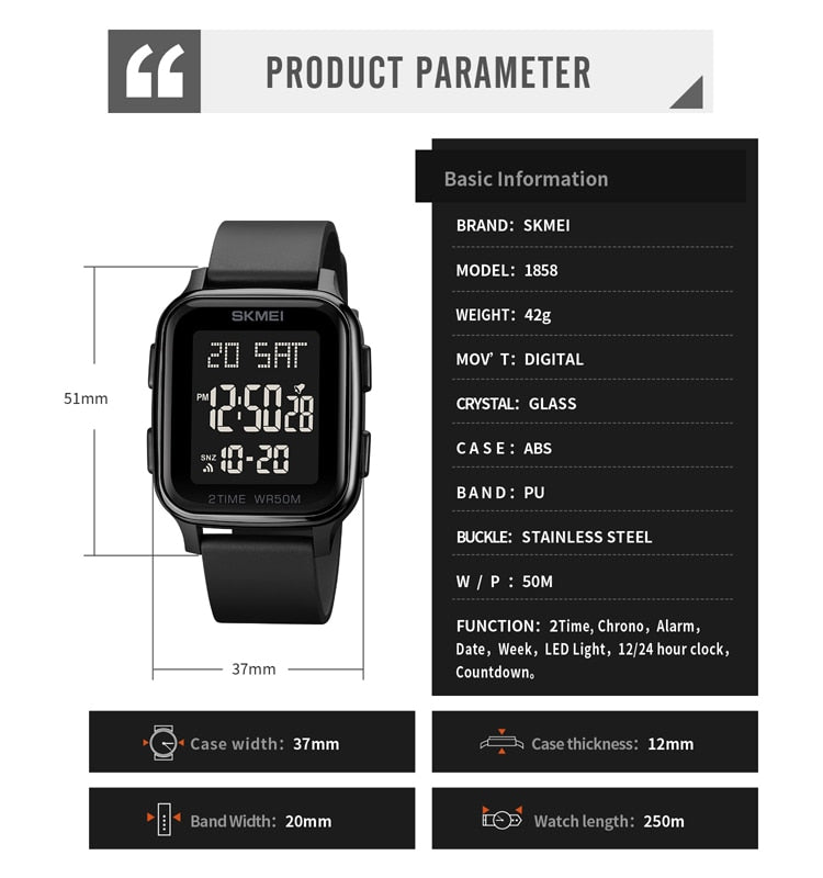 SKMEI 1858: Reloj Digital LED de Moda para Hombre, Resistente al Agua 5Bar, con Calendario y Cuenta Regresiva.