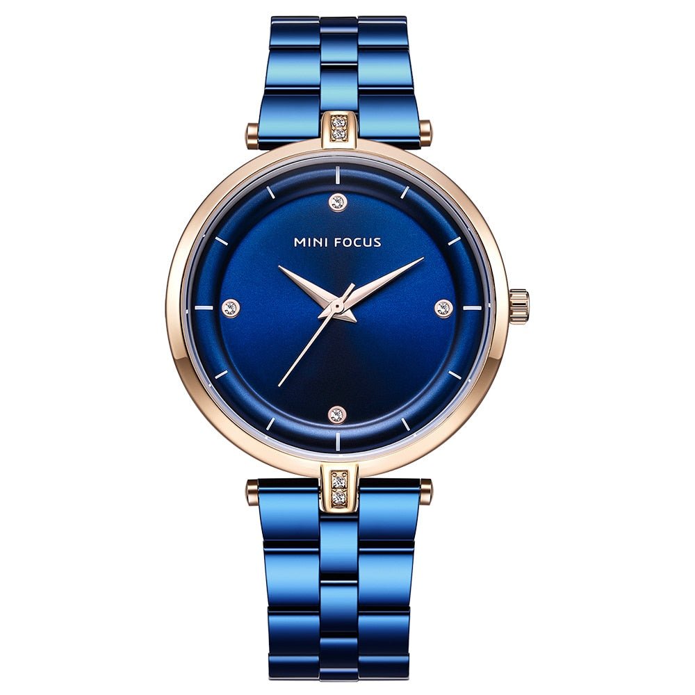 MINI FOCUS-Relojes de cuarzo de lujo para mujer, pulsera de acero inoxidable en color azul, dorado, negro y oro rosa, con ancho de banda de 18mm y resistente al agua