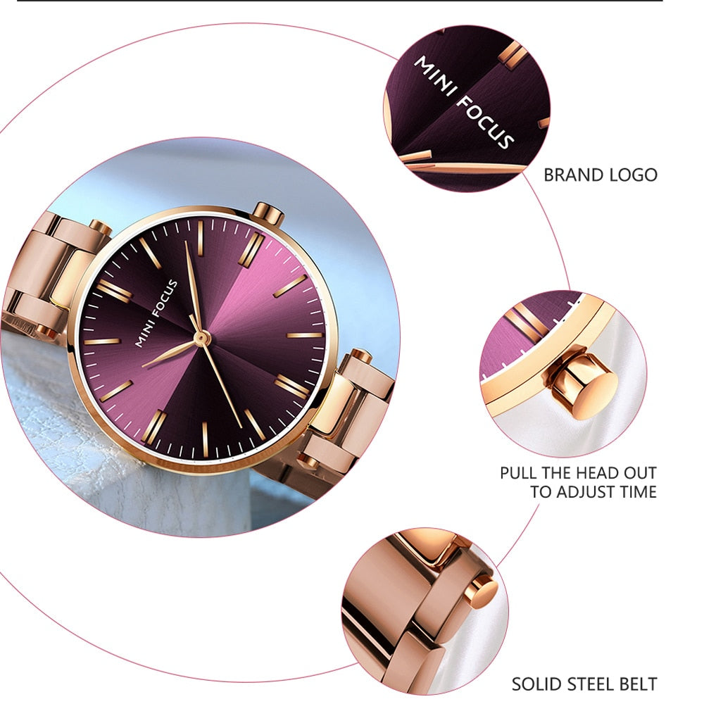 MINIFOUCS-relojes sencillos de acero para mujer, pulsera de cuarzo púrpura, resistente al agua, marca de lujo.