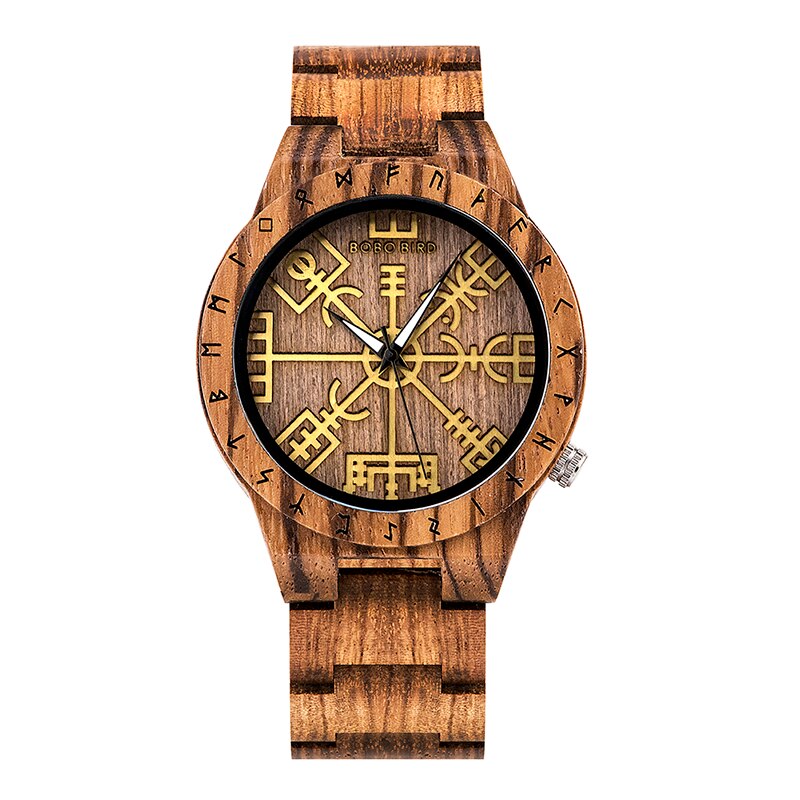 BOBO BIRD- COLECCION RUNA NORDICA  Reloj de pulsera de madera para hombre, cronógrafo de cuarzo con círculo rúnico, timón dorado, Vegvisir, a la moda, gran caja de regalo