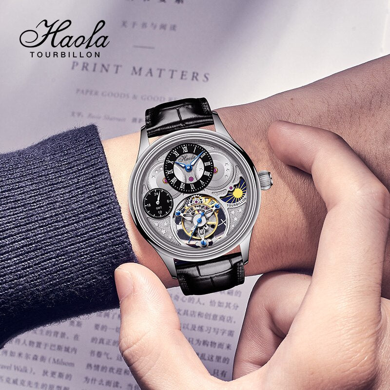 Haofa-reloj mecánico Tourbillon GMT para hombre, cronógrafo de zafiro, Manual, resistente al agua, día y noche