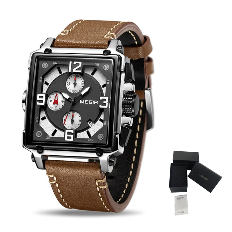 MEGIR reloj analgico con correa de cuero para hombre accesorio de pulsera de cuarzo resistente al agua con crongrafo complemento Masculino deportivo