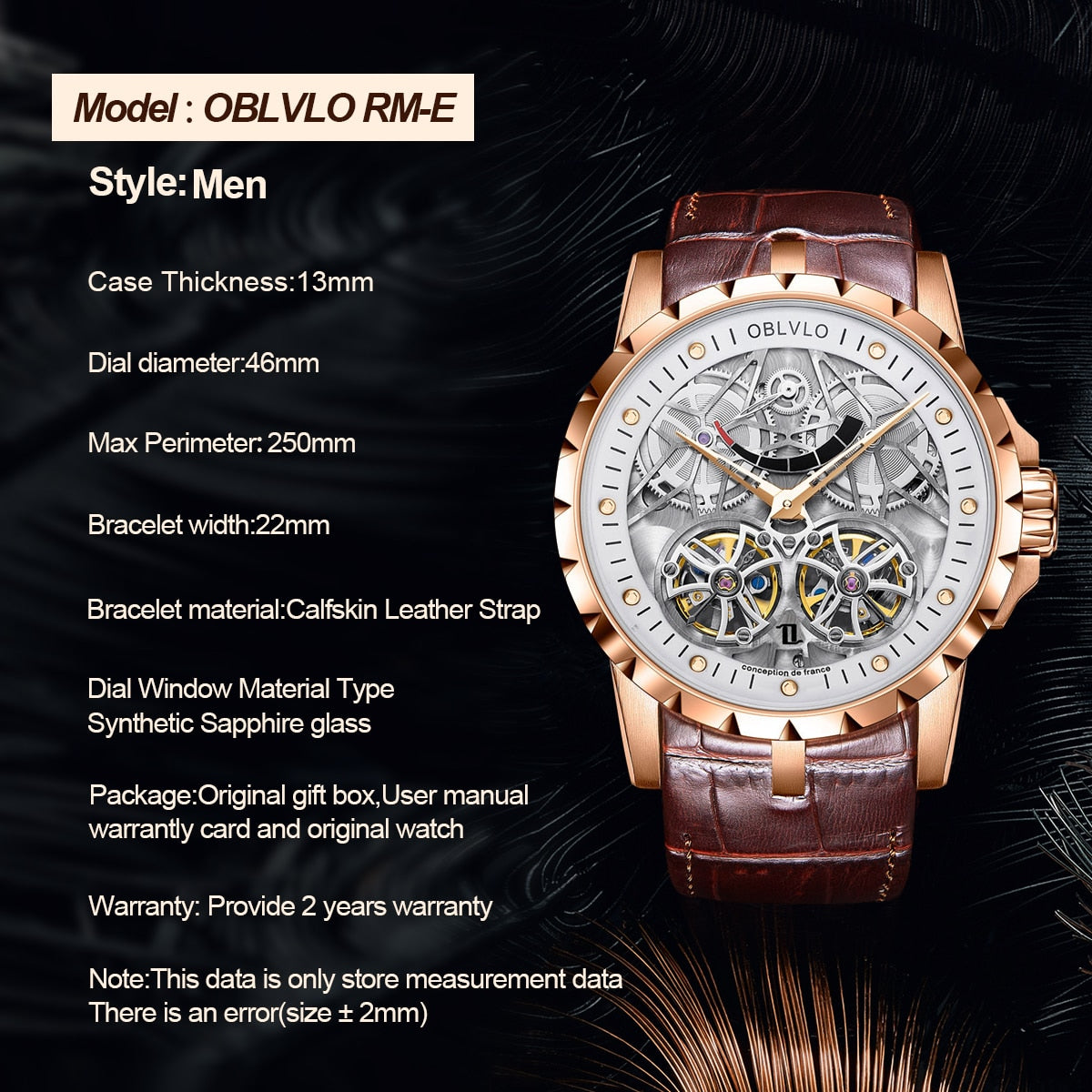 OBLVLO lujo transparente hueco esqueleto relojes automáticos para hombres deporte mecánico doble volante piel de becerro cuero zafiro