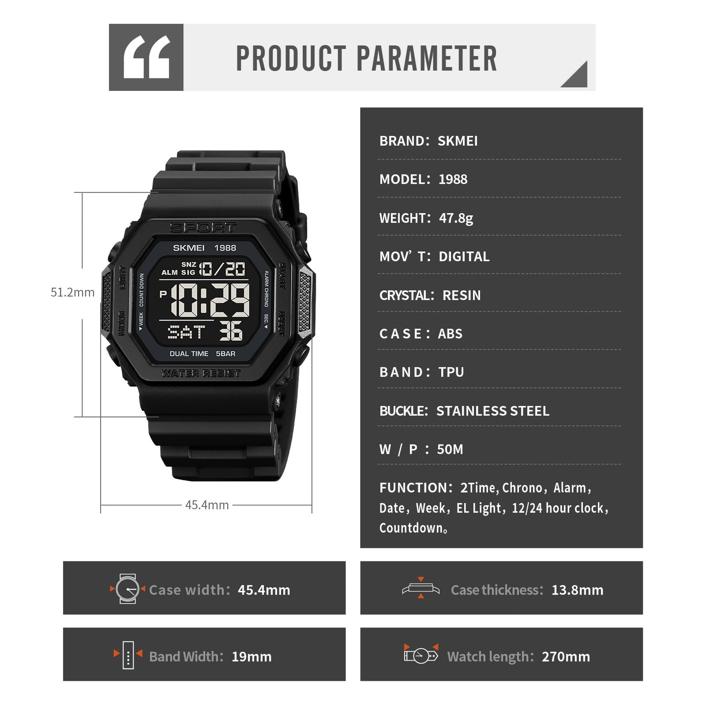 SKMEI Relojes deportivos digitales con luz trasera de moda para hombres, cronógrafo de cuenta atrás militar, resistente al agua 5Bar, reloj despertador.