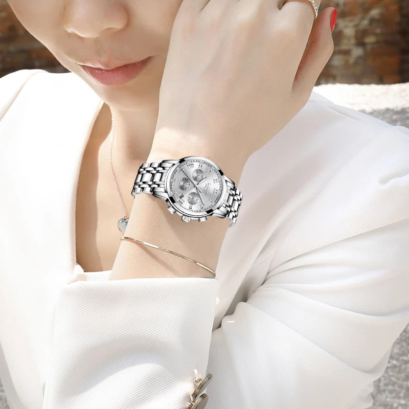 LIGE Relojes de pulsera de acero para mujer accesorio de lujo de marca superior creativo de cuarzo