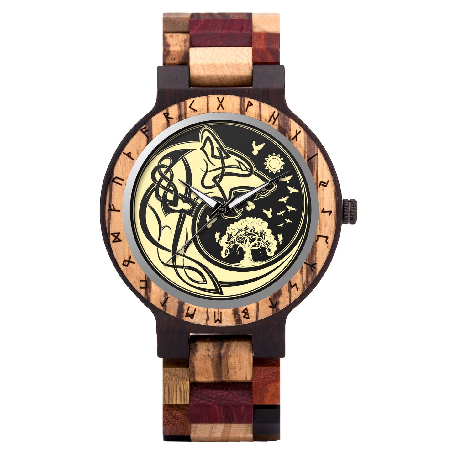 BOBO BIRD- COLECCION RUNA NORDICA  Reloj de pulsera de madera para hombre, cronógrafo de cuarzo con círculo rúnico, timón dorado, Vegvisir, a la moda, gran caja de regalo