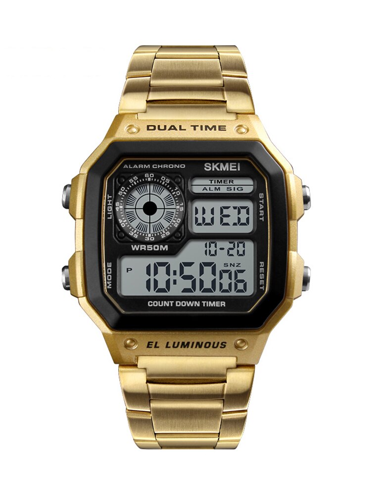 SKMEI ¡Los "Relojes Deportivos SKMEI de Lujo Superior" con correa de acero inoxidable! Resistente al agua 5Bar, luz de fondo y funciones de cuenta regresiva y alarma. ¡Un reloj digital para hombres con estilo y funcionalidad! ⌚💦🔥