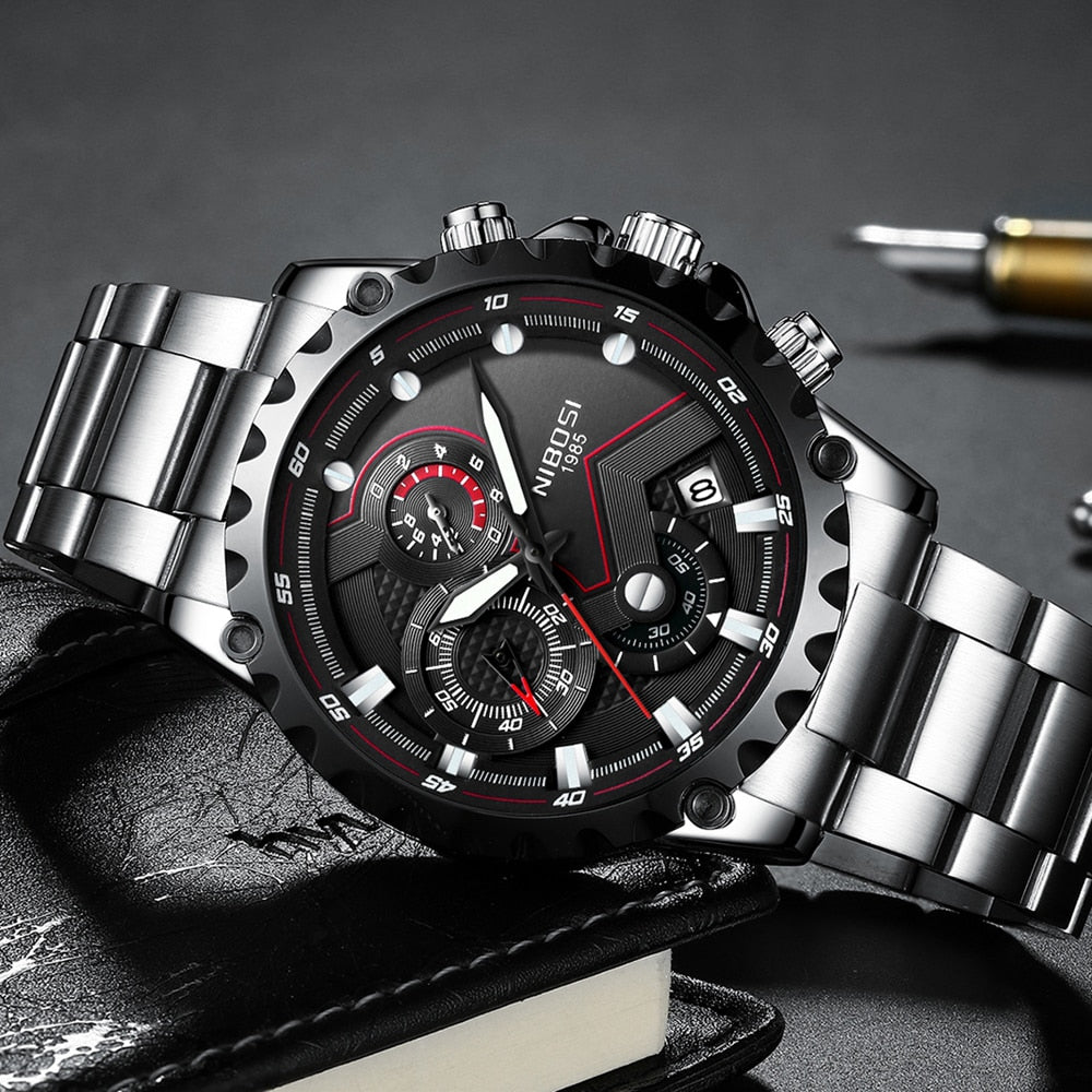NIBOSI: reloj deportivo de esfera grande, cronógrafo militar de cuarzo con moda innovadora.