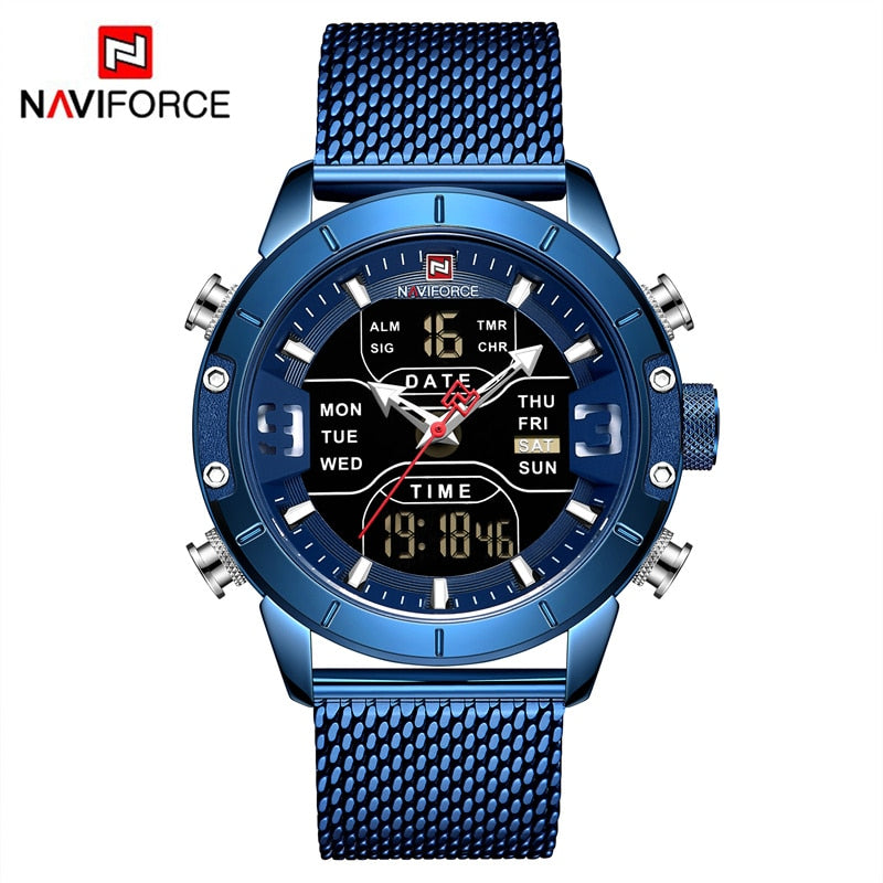 NAVIFORCE – reloj para hombres, cronógrafo de cuarzo, deportivo, militar, digital, LED, de acero inoxidable, masculino