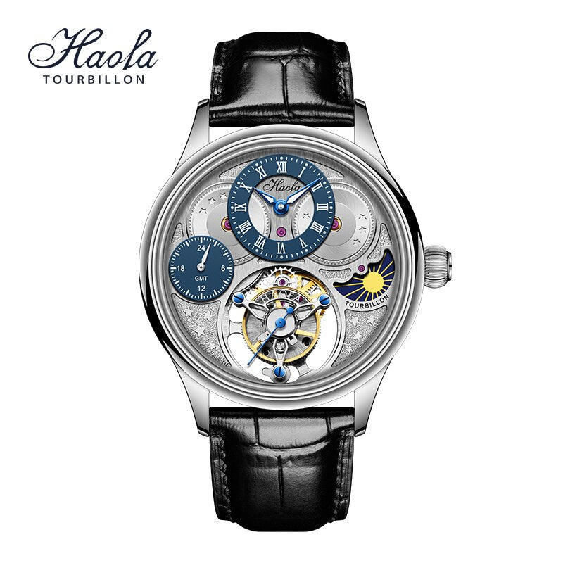 Haofa-reloj mecánico Tourbillon GMT para hombre, cronógrafo de zafiro, Manual, resistente al agua, día y noche