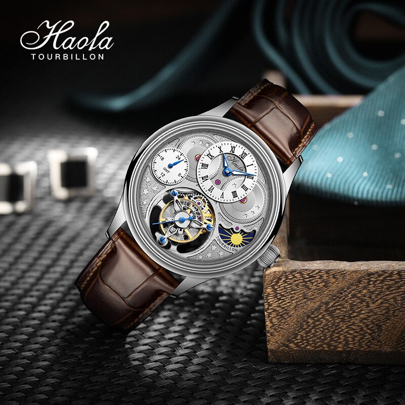 Haofa-reloj mecánico Tourbillon GMT para hombre, cronógrafo de zafiro, Manual, resistente al agua, día y noche