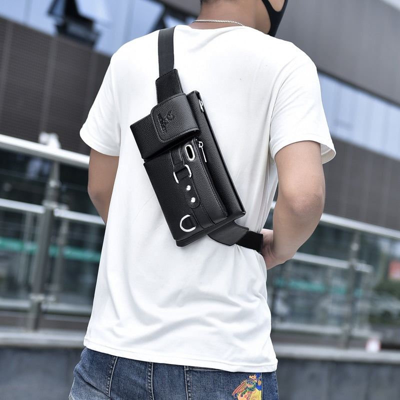 WEIXIER Riñoneras de cuero PU para hombre, bolso de pecho multiusos de Color sólido, bandolera negra/marrón, a la moda
