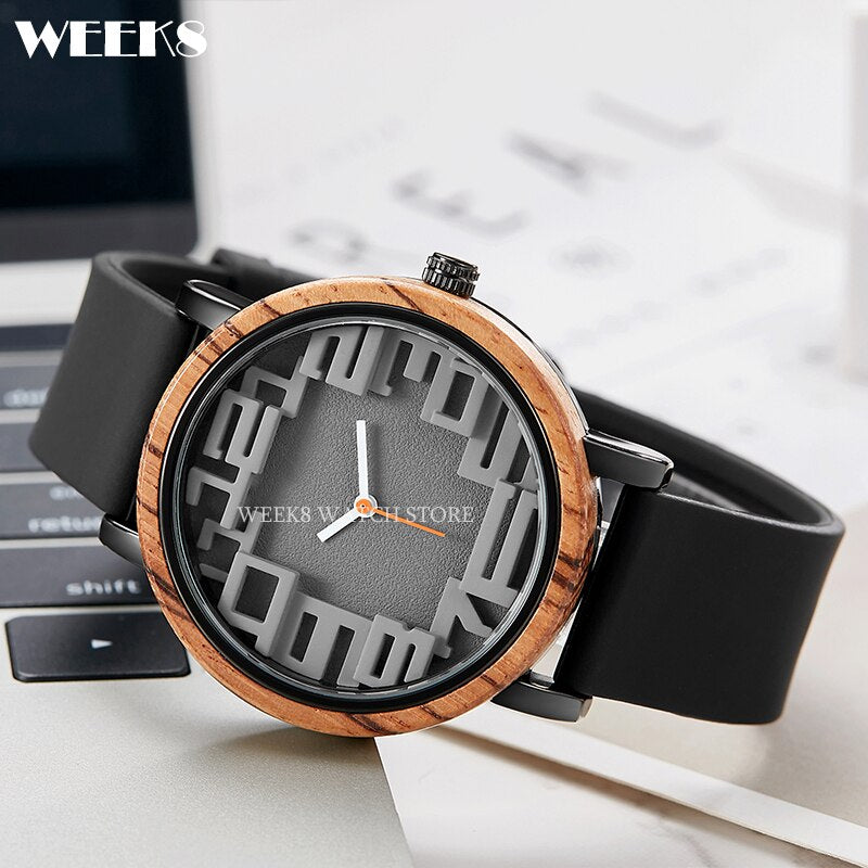 Reloj de madera de bambú para hombre y mujer, pulsera con números, banda de silicona, diseño Simple
