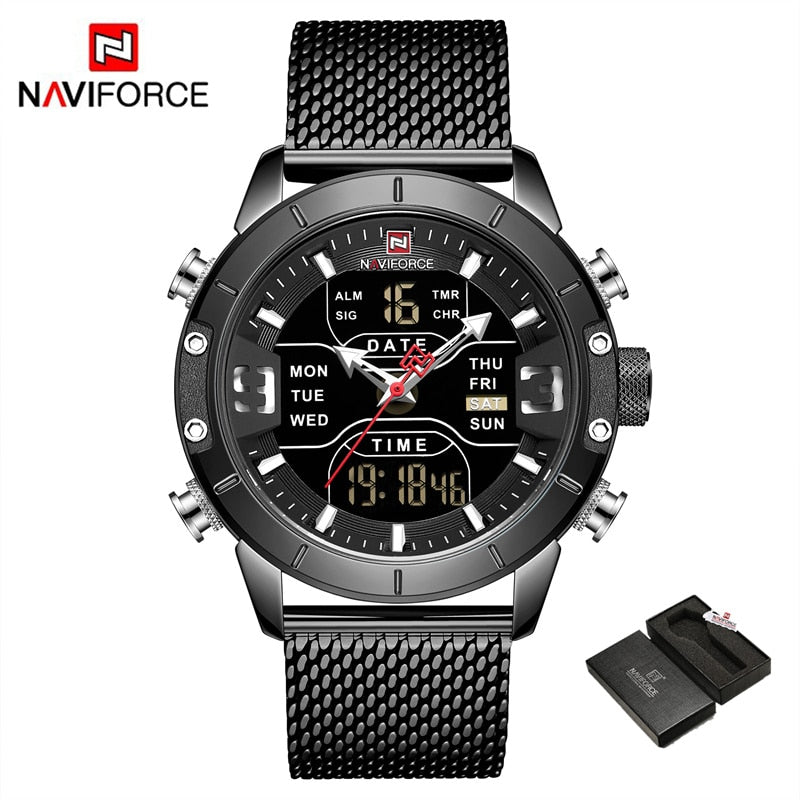 NAVIFORCE – reloj para hombres, cronógrafo de cuarzo, deportivo, militar, digital, LED, de acero inoxidable, masculino