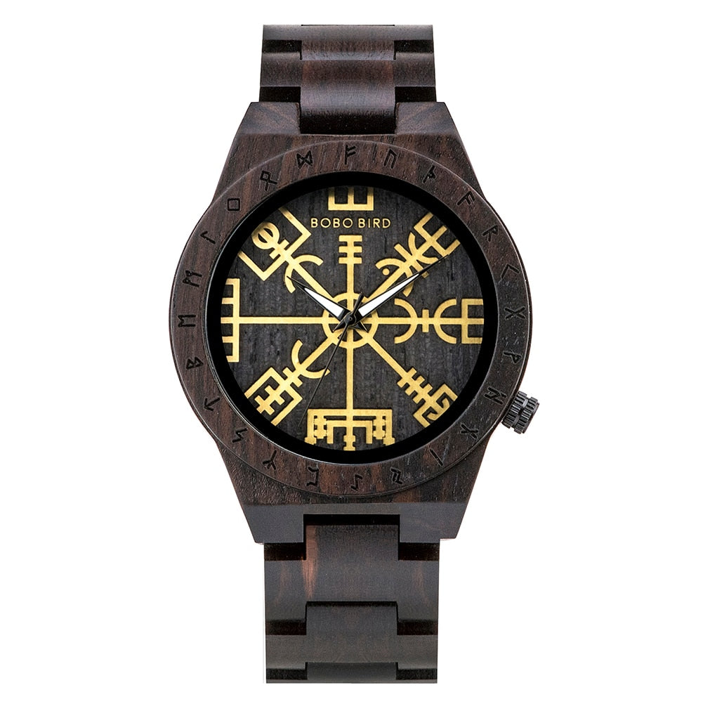 BOBO BIRD- COLECCION RUNA NORDICA  Reloj de pulsera de madera para hombre, cronógrafo de cuarzo con círculo rúnico, timón dorado, Vegvisir, a la moda, gran caja de regalo