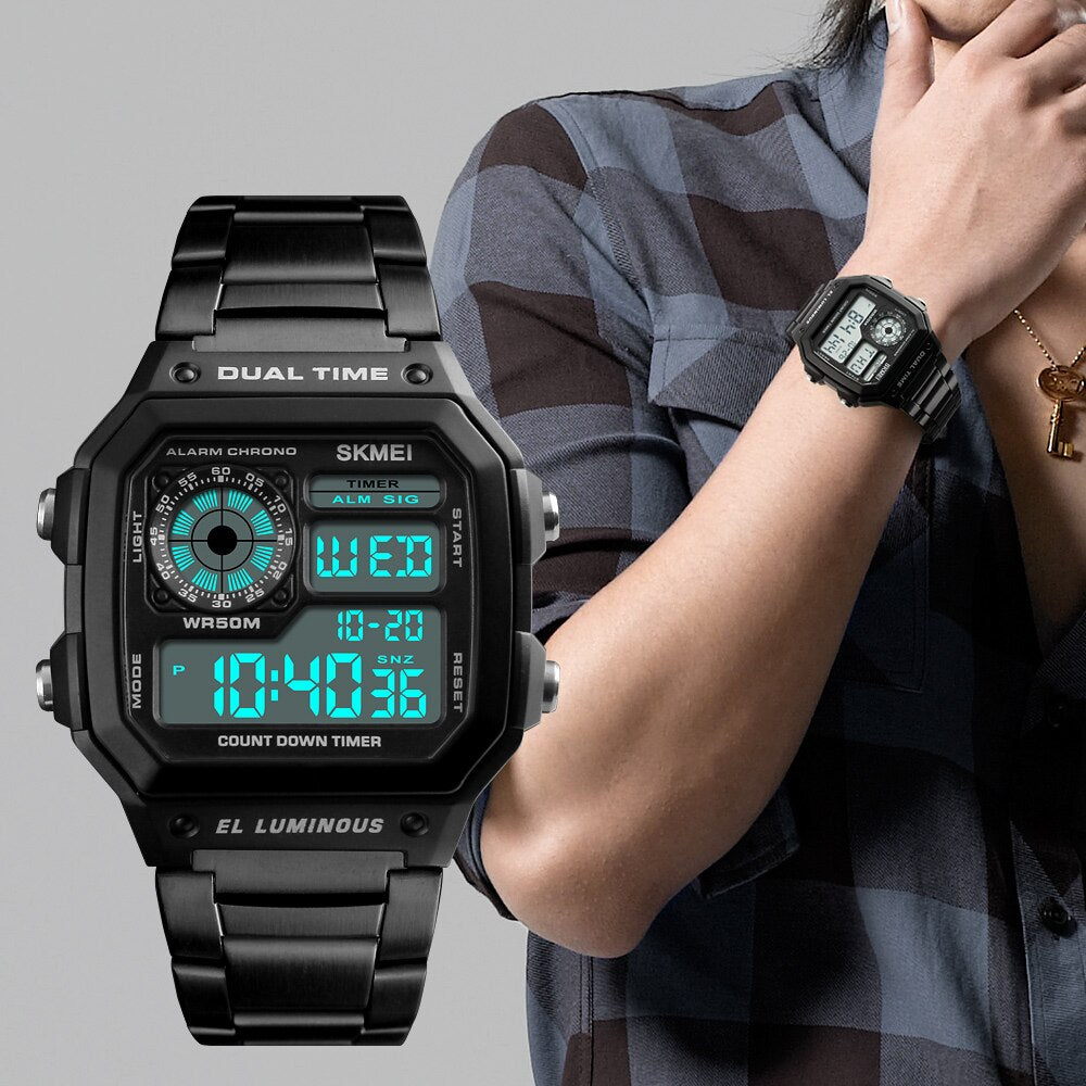 SKMEI ¡Los "Relojes Deportivos SKMEI de Lujo Superior" con correa de acero inoxidable! Resistente al agua 5Bar, luz de fondo y funciones de cuenta regresiva y alarma. ¡Un reloj digital para hombres con estilo y funcionalidad! ⌚💦🔥