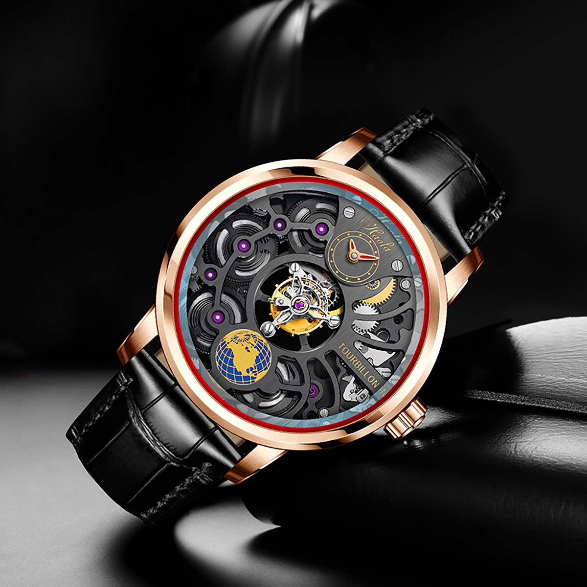 Haofa-Reloj de negocios para hombre, accesorio de pulsera con mecanismo de Tourbillon, doble esqueleto, Manual, 120H de reserva de energía, zafiro, resistente al agua, 1938