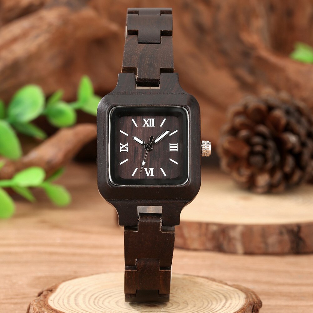 Elegantes relojes cuadrados de ébano para mujer con pulsera de madera vintage, cierre plegable y esfera con números romanos. Regalo perfecto para un estilo sofisticado. ✨🎁🕰️