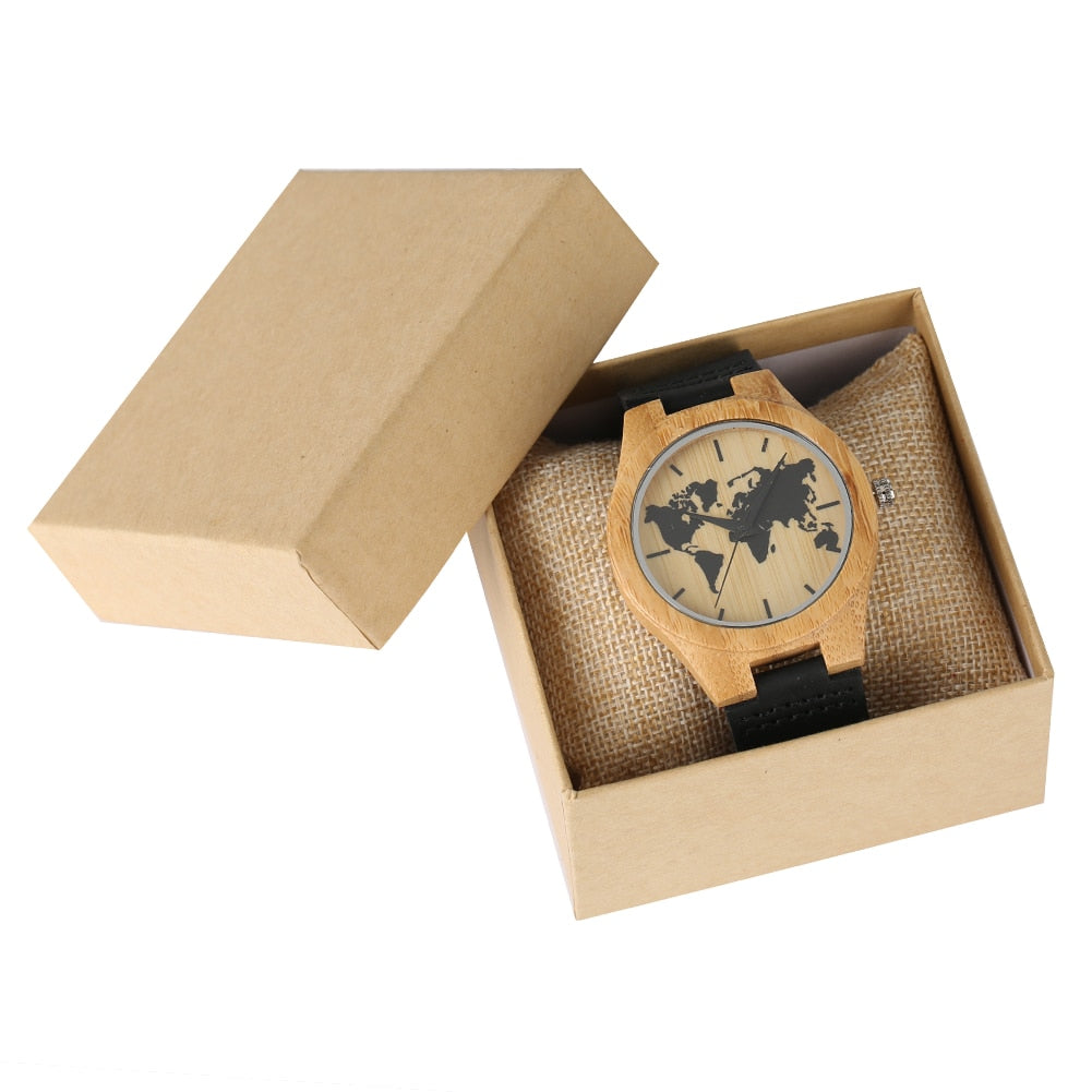 🌍 Reloj de Madera con Mapa Mundial Tallado para Hombres 🕰️, Reloj de Moda de Madera de Bambú 🎋, Reloj de Pulsera de Cuarzo Retro con Correa de Cuero Marrón 🏞️, Esfera con Escala de Reloj ⏱️.