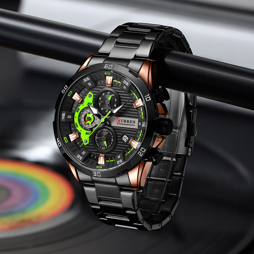 CURREN Sport Watch para hombre, cronógrafo cuarzo, agua resistente, lujo, acero inoxidable, luminoso.