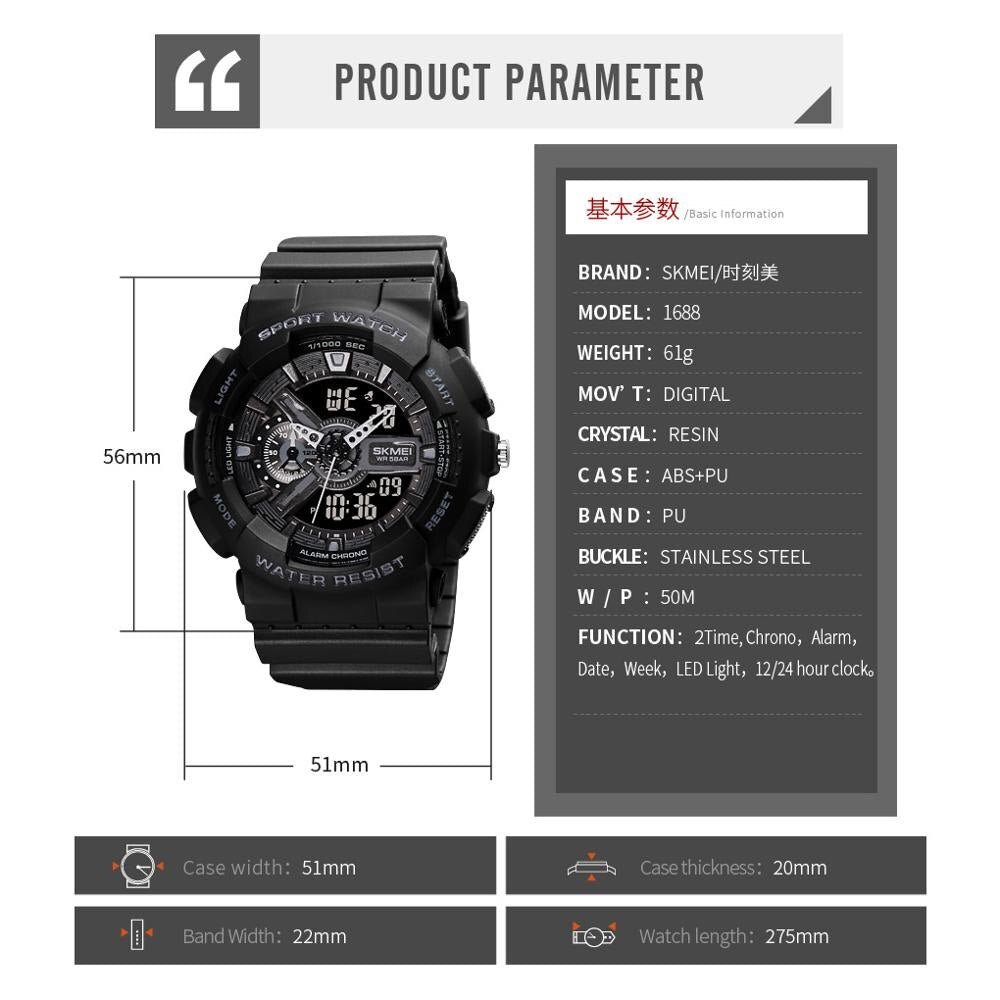 SKMEI ¡El "Reloj Digital Juvenil SKMEI" para hombres! Resistente a golpes y agua, con dos pantallas, cronómetro, alarma y estilo elegante. ¡Un reloj genial y a la moda para los hombres activos! ⌚💦🔥