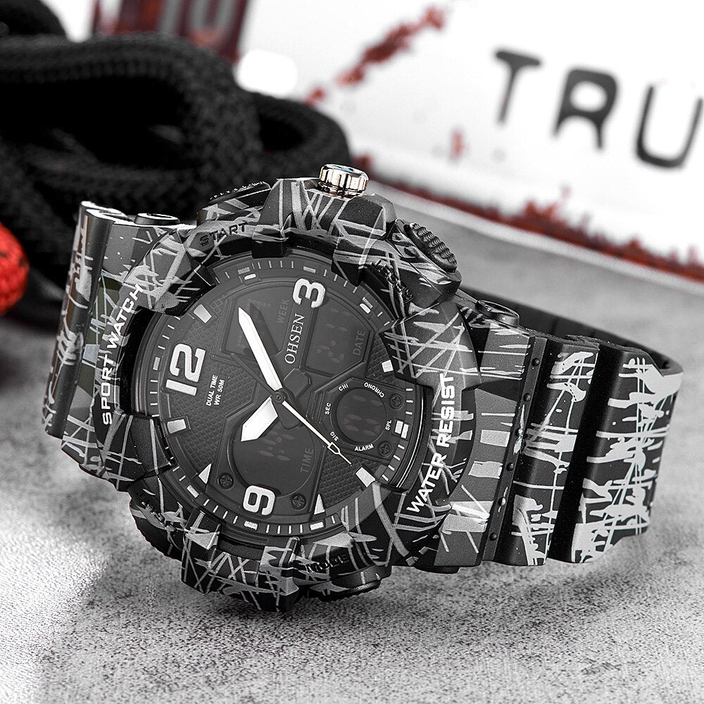 Reloj Digital de cuarzo para hombre crongrafo analgico de silicona resistente al agua de camuflaje color negro -