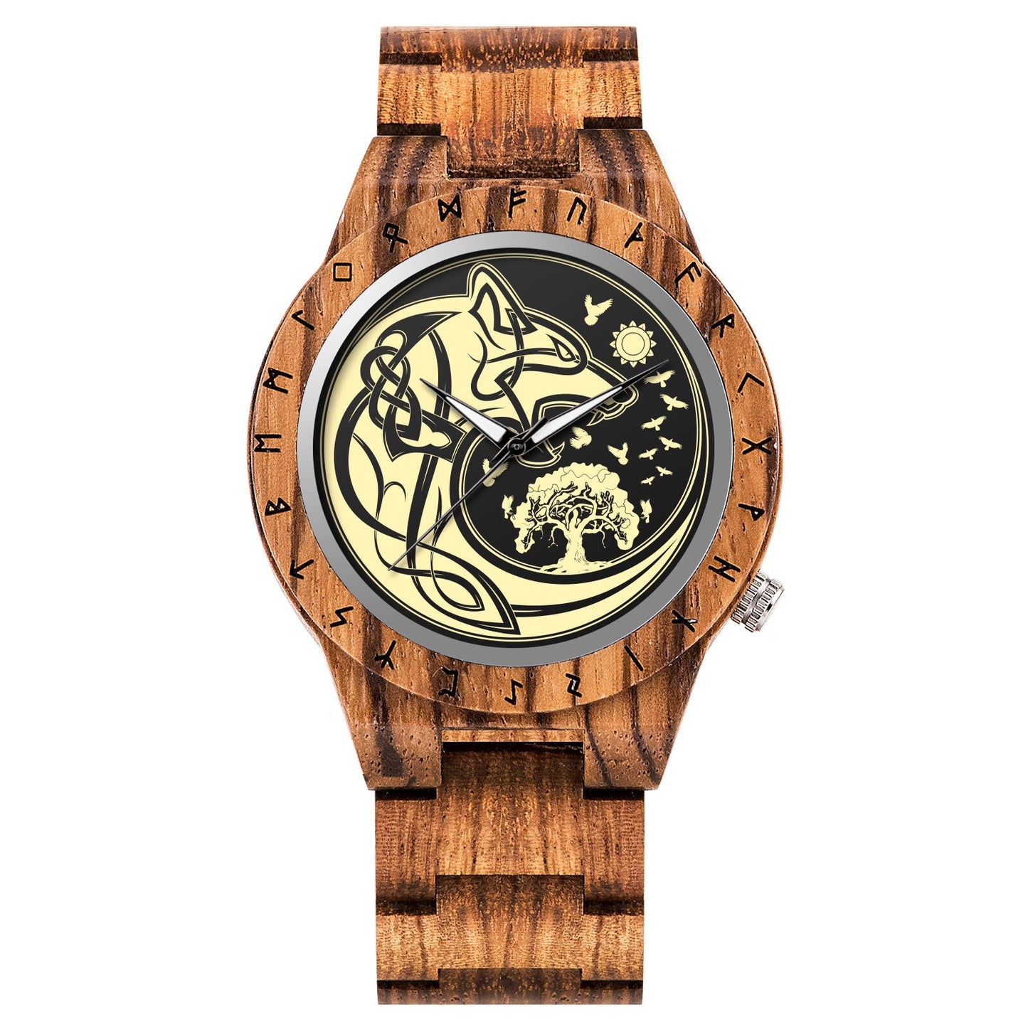 BOBO BIRD- COLECCION RUNA NORDICA  Reloj de pulsera de madera para hombre, cronógrafo de cuarzo con círculo rúnico, timón dorado, Vegvisir, a la moda, gran caja de regalo