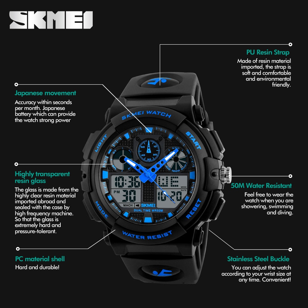 SKMEI  Reloj digital con doble hora, cronógrafo, resistente al agua 50M y display de semana. ¡Un reloj de pulsera masculino y funcional! ⌚🏊‍♂️🔥
