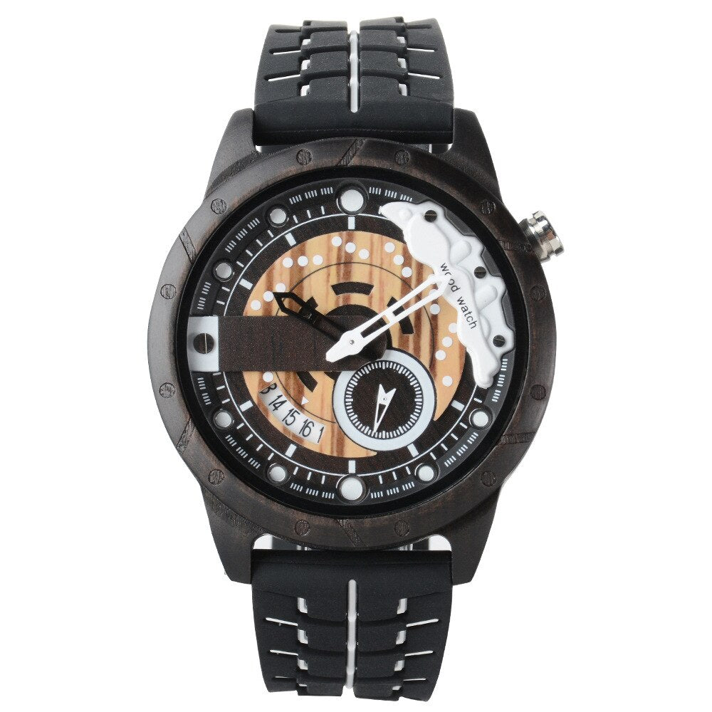 Reloj deportivo De cuarzo para hombre, cronógrafo De Madera con diseño creativo De rueda De carreras, correa De silicona suave, pantalla luminosa, Militar