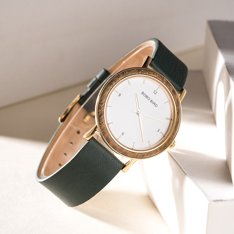 BOBO BIRD-reloj de madera ultrafino para mujer, accesorio de pulsera de cuarzo con movimiento japonés, correa de cuero auténtico, color dorado, 6,5mm