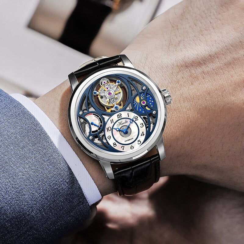 Haofa-Reloj de pulsera con movimiento Manual Tourbillon para hombre, accesorio masculino con mecanismo de Tourbillon a las 12 en punto, mecanismo mecánico de zafiro Moonphase