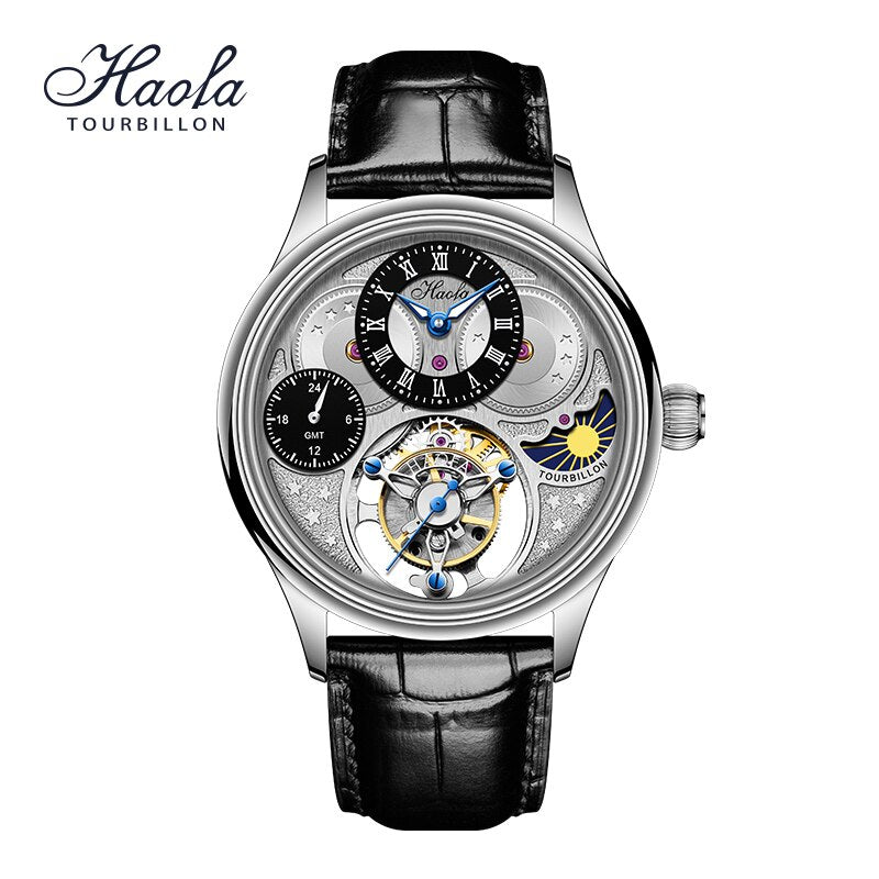 Haofa-reloj mecánico Tourbillon GMT para hombre, cronógrafo de zafiro, Manual, resistente al agua, día y noche
