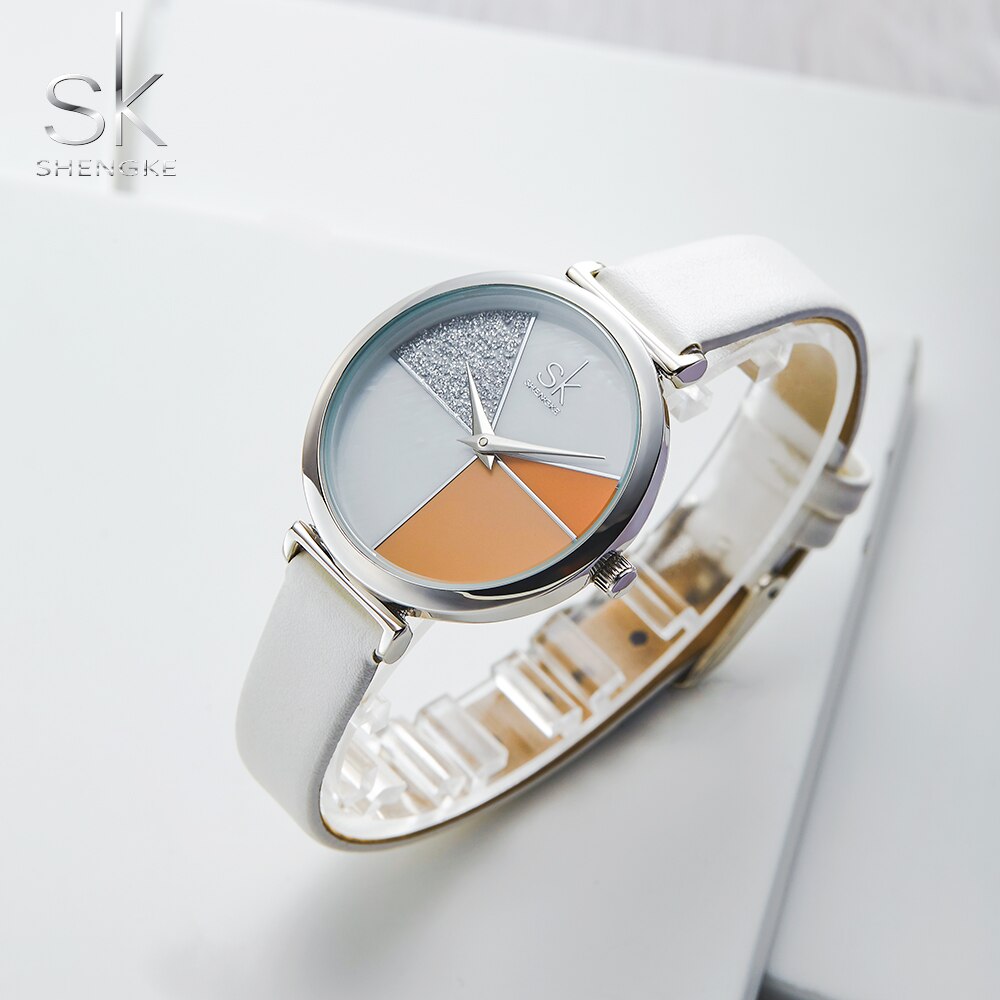 Shengke Reloj para Mujer con Esfera en Forma de Concha, Correa de Cuero, Movimiento de Cuarzo Japonés, Diseño Ultra Delgado, Hebilla, Reloj de Mujer Montre Femme.